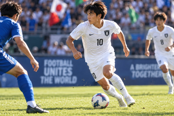 日本足球运动员比赛突破瞬间